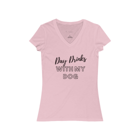 Day Drinks with My Dog- Women's Jersey Short Sleeve V-Neck Tee (Color: Pink, Size: large)