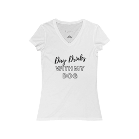 Day Drinks with My Dog- Women's Jersey Short Sleeve V-Neck Tee (Color: White, Size: 2X Large)