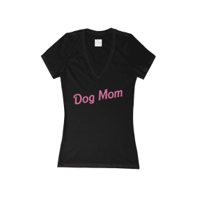 Dog Mom- Women's Jersey Short Sleeve Deep V-Neck Tee (Color: Black, Size: large)