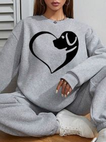 Women Basic Casual Pullover Spring Autumn Long Sleeve Dog love Printed Round Neck (Color: Grey, size: L)