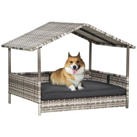 Wicker Dog House Outdoor with Canopy, Rattan Dog Bed with Water-resistant Cushion, for Small and Medium Dogs, Cream (Color: AS PIC)