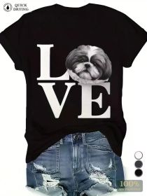 Shih Tzu Love Women's T-Shirt - Soft & Breathable Casual Tee with Fun Cartoon Print, Short Sleeves, Round Neck - Perfect (Color: Black, size: L)