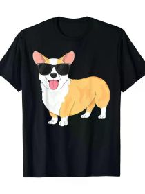 Women's Vintage Cool Corgi Graphic T-Shirt with Fashion Glasses - 100%, Black Casual Dog Lover Tee, Short Sleeve (Color: Black, size: XL)