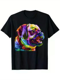 Colorful Pug Pop Art Portrait T-Shirt for Dog Lovers - 100% Cotton, Breathable & Durable, Black Short Sleeve Tee (Color: Black, size: L)