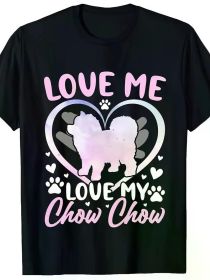 Women's Crew Neck T-Shirt with "Love Me Love My Chow Chow" Print (Color: Black, size: XL)