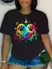 Women's Plus Size Colorful Heart & Paw Print T-Shirt - Soft Knit, Relaxed Crew Neck Short Sleeve Top, Vibrant Casual Summer Tee for Pet Lovers
