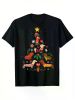 Christmas Cartoon Dachshund Christmas Tree Print Men's Cotton Short Sleeve T-Shirt, 190g, Four Seasons, Couples Clothing