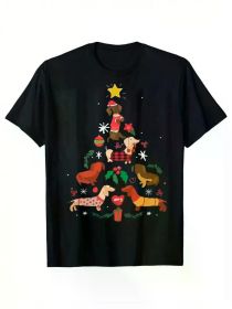 Christmas Cartoon Dachshund Christmas Tree Print Men's Cotton Short Sleeve T-Shirt, 190g, Four Seasons, Couples Clothing (Color: Black, size: M)