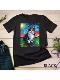 Starry Night Corgi Art T-Shirt â€“ Black cotton, tricolor Pembroke Wells dog design, suitable for parties and casual outings, party attire (Color: Black, size: XXXL)