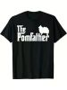 Men's "The Pomfather" Pomeranian Dad T-Shirt - Humorous Dog Lover, 100% Cotton, Short Sleeve, Round Neck, Black with Silhouette Detail