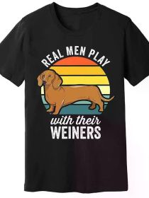 Dachshund Weiner Dog Real Play With Their Weiners Print for Men Women Couple Fashion T-Shirt, Street Short Sleeve (Color: Black, size: L)