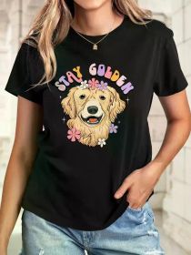 Women's Golden Retriever Graphic T-Shirt - "Stay Golden" Design with Floral Accents, Casual Round Neck Short Sleeve (Color: Black, size: XXXL)