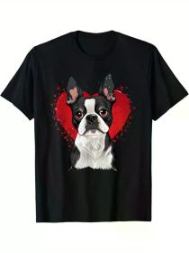 Men's Boston Terrier Valentine's Day T-Shirt - Cute Black and White Dog Heart Design, 100% Cotton, Short Sleeve, Round Neck, Casual Fit (Color: Black, size: XXXL)