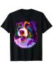 Border Collie Pop Art Portrait Colorful For Dog Owners T-Shirt, 100% Cotton, Single Side Printed, Black Short Sleeve T