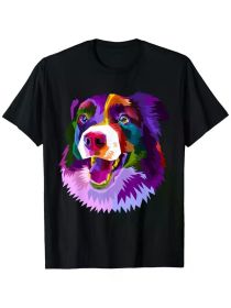 Border Collie Pop Art Portrait Colorful For Dog Owners T-Shirt, 100% Cotton, Single Side Printed, Black Short Sleeve T (Color: Black, size: XL)