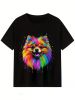 Men's Vibrant Pomeranian Dog Print T-Shirt - Short Sleeve Crew Neck, 100% Cotton, Black with Multicolor Splash Design, Casual Summer Tee