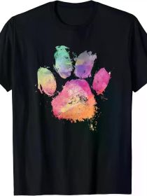 Dog and Cat Paw Print Watercolor Rainbow Abstract Animal Lover T-shirt (Color: Black, size: S)