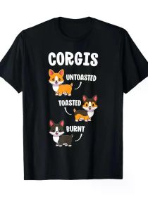 Corgi Humor Graphic T-Shirt, 100% Cotton, Crew Neck, Short Sleeve, Regular Fit, Medium Stretch, Knit Fabric, Geometric Dog Toasting Pattern (Color: Black, size: M)